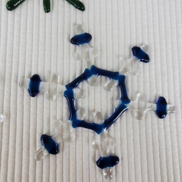 4 Hand Blown Clear Glass Christmas Ornaments Vintage Snowflake Tree Green Blue - Picture 3 of 6